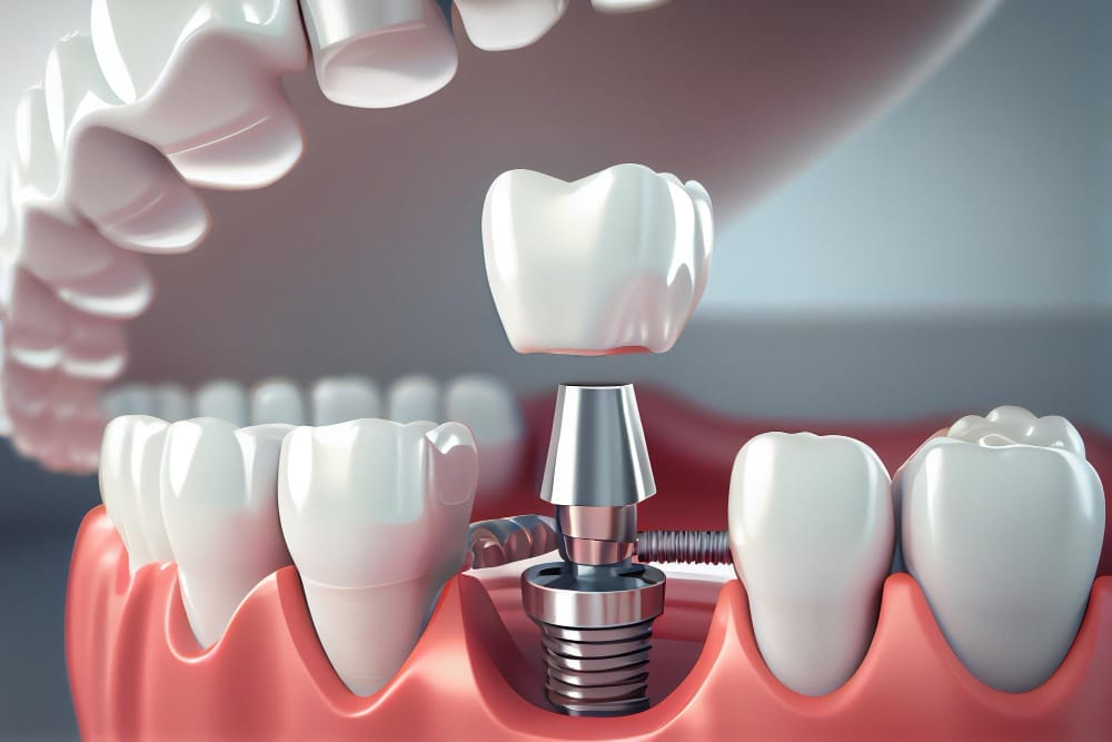 Dental implant illustration showing the placement of a crown on a titanium post within the gum line.